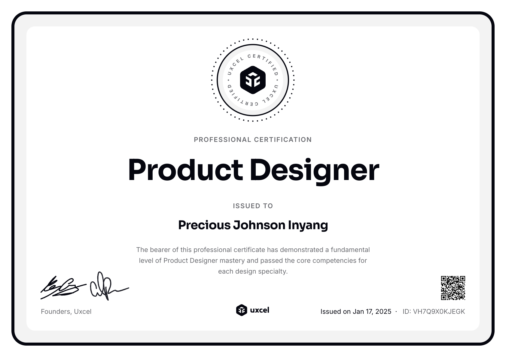 Precious Johnson Inyang's certificate